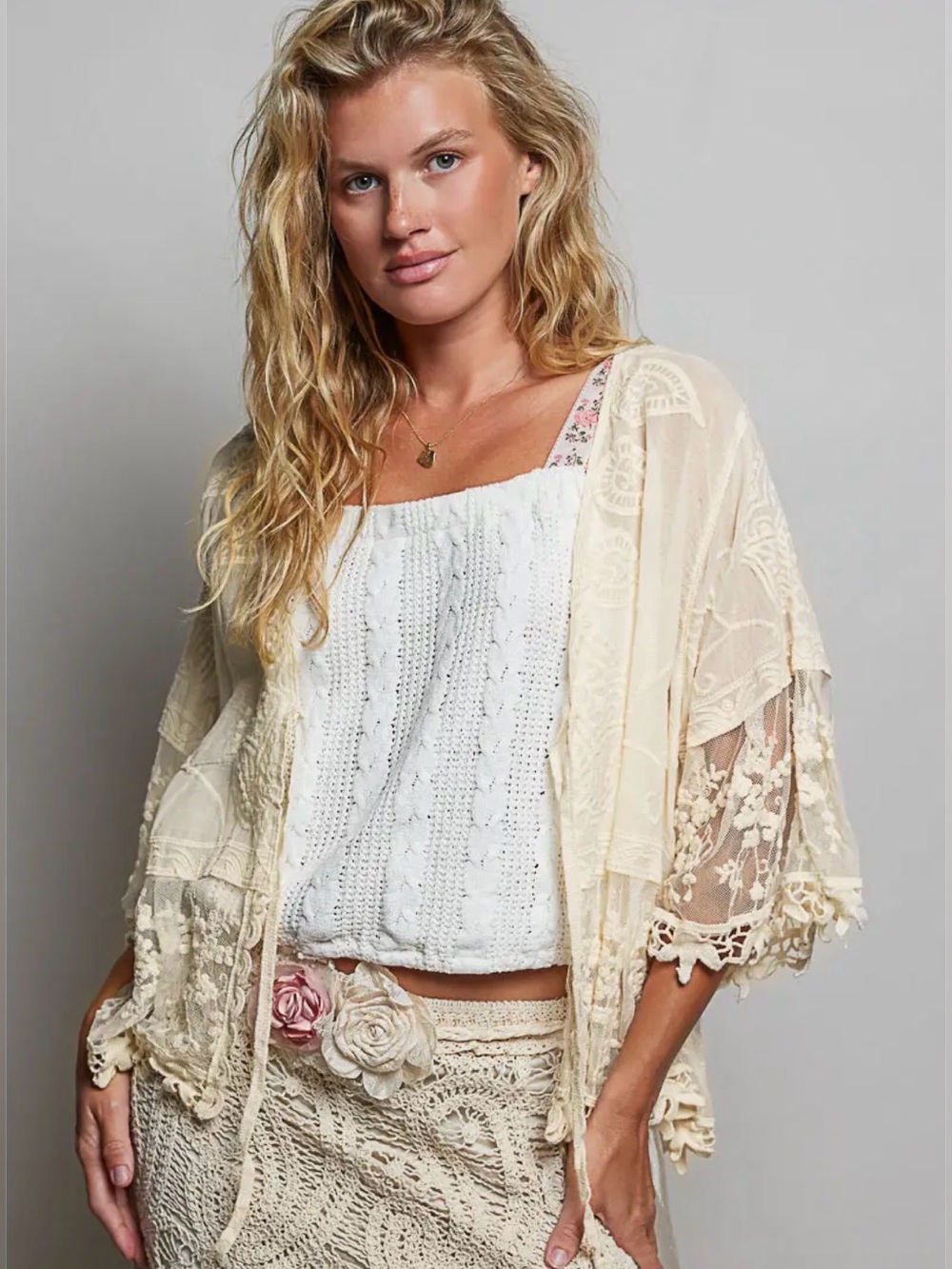 POL Embroidered Lace Kimono | Cream | SM145